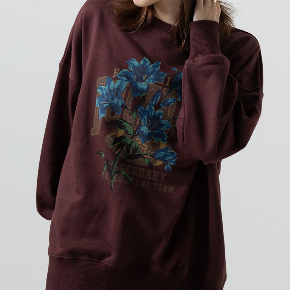 裏毛寬版學院風花卉大學T-紅棕