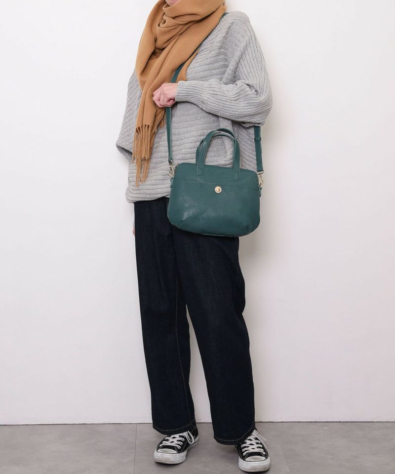 日本 COOCO - 2way真皮托特包/手提包/側背包-藍綠