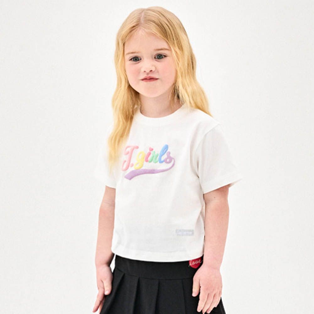 馬卡龍亮粉文字短袖上衣-白