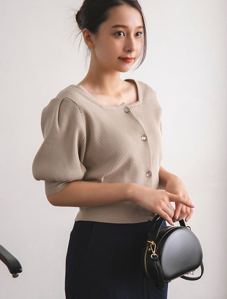 日本 fifth - 方形領顯瘦五分澎袖羅紋上衣-綠