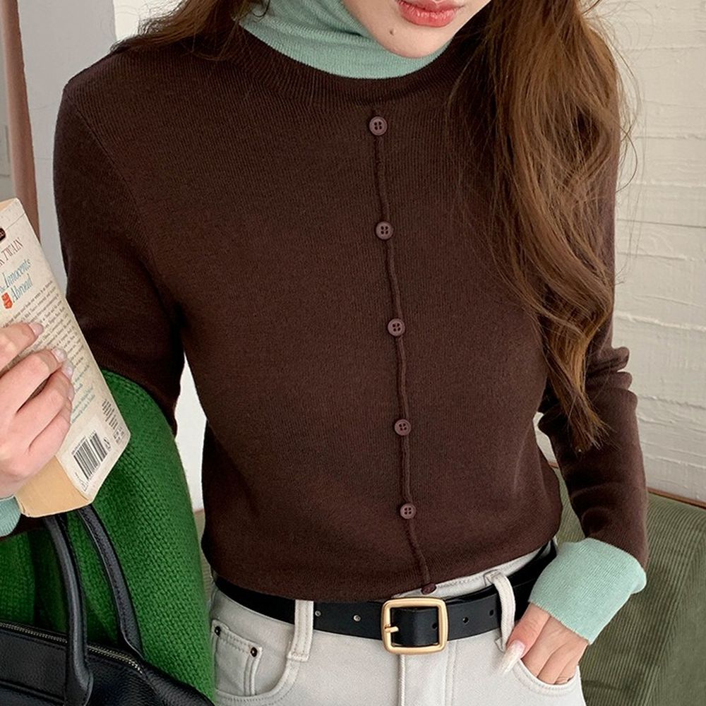 拼色高領顯瘦混羊毛長袖針織上衣-咖啡X湖水綠 (F)