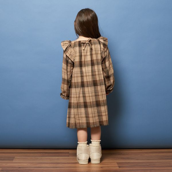 日本 Lycee mine - 法蘭絨浪漫細節長袖洋裝-卡其格紋