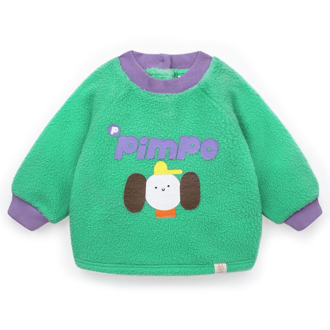 韓國Pimpollo - 圓臉插圖背釦保暖上衣-象牙色