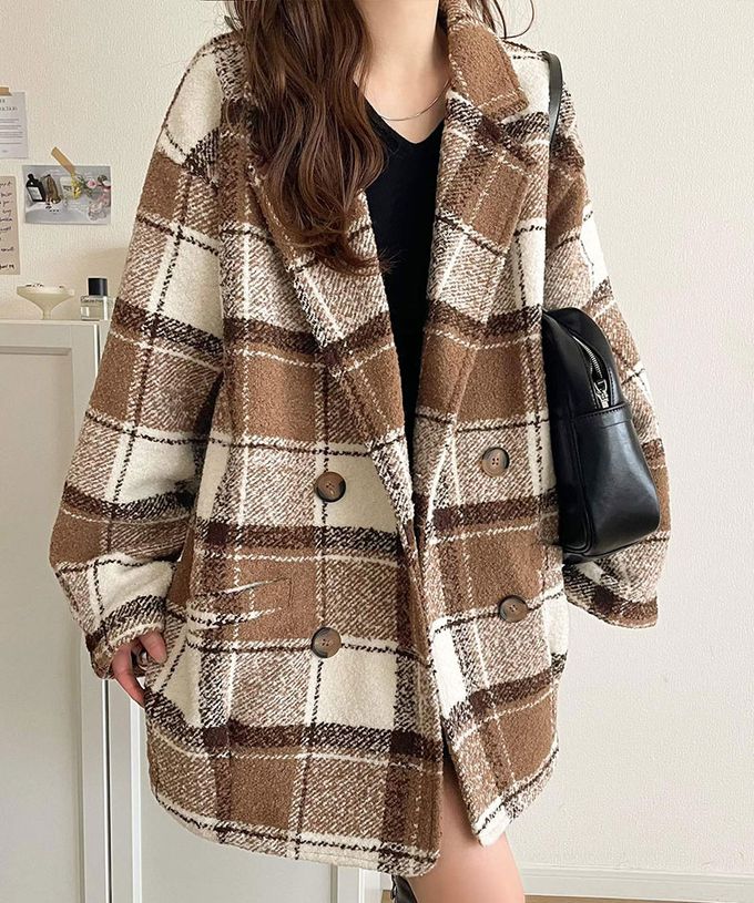 日本 Classical Elf - 亮麗格紋翻領廓形中長版大衣-焦糖棕