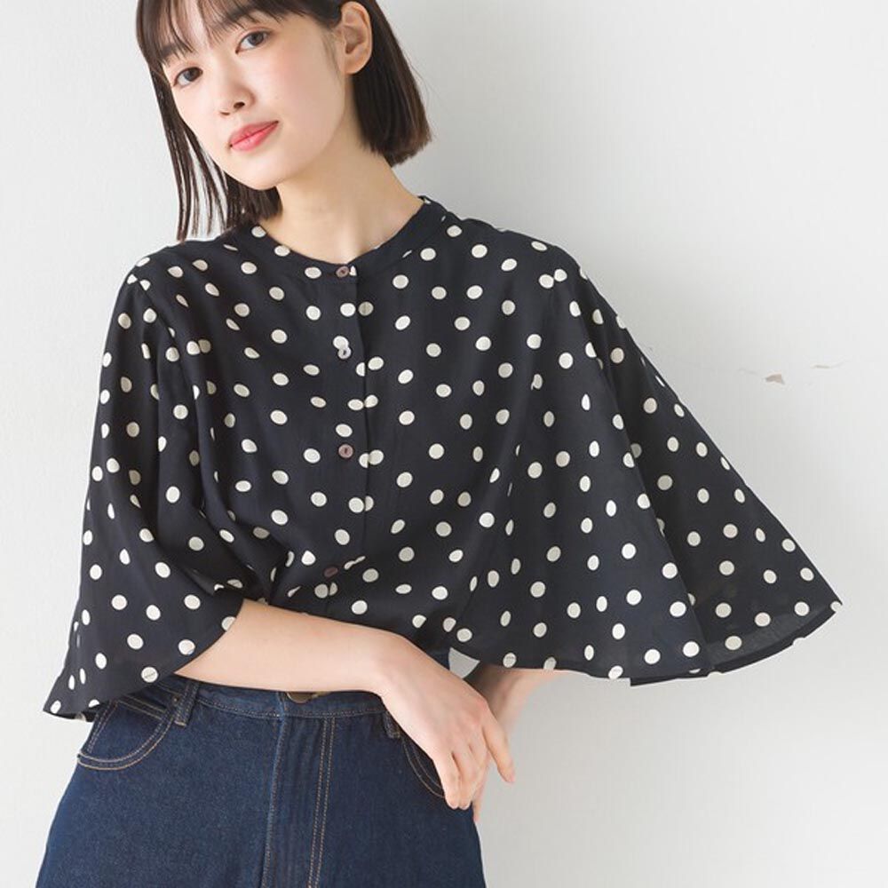 日本 OMNES - 純棉嫘縈 優雅喇叭袖襯衫-黑底白點