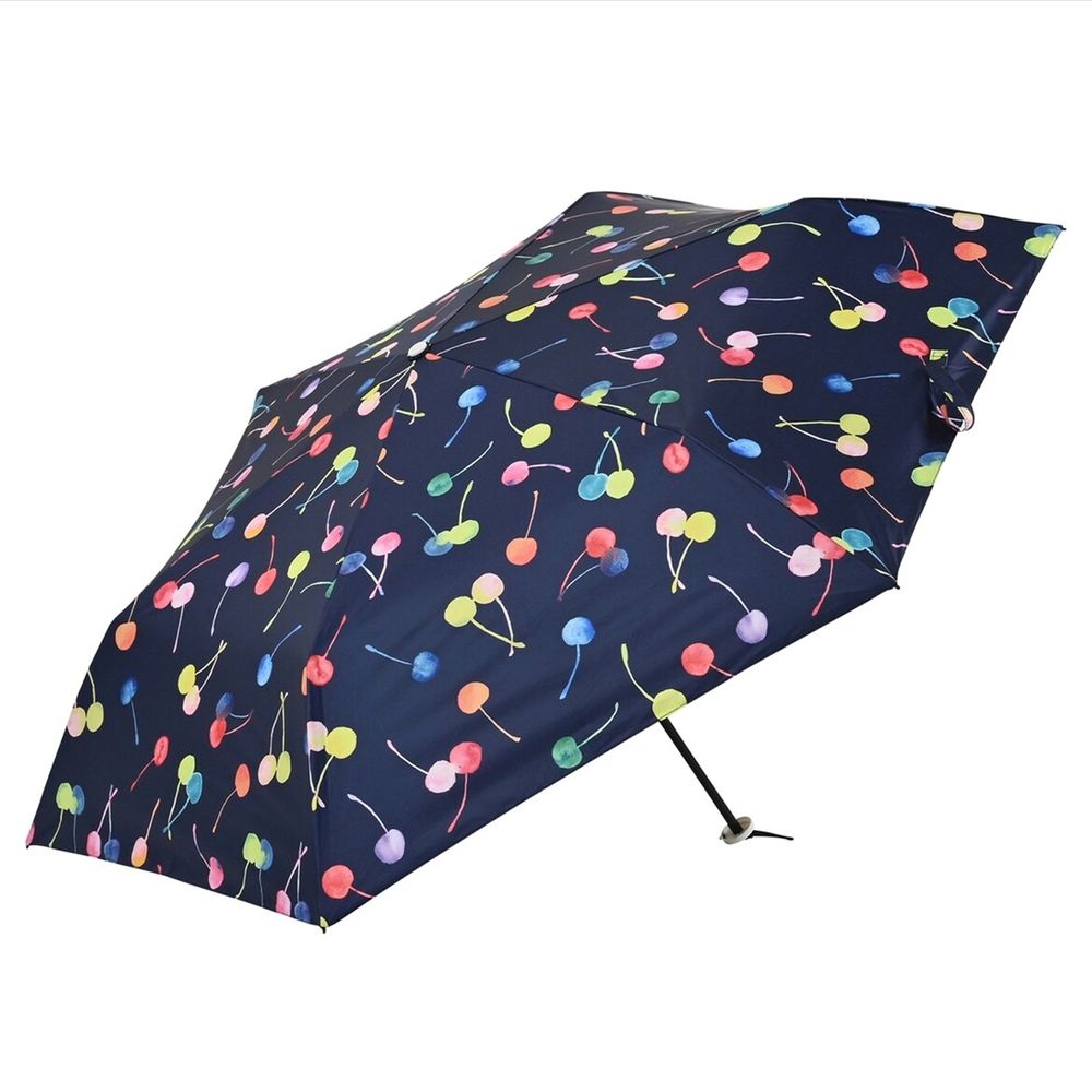 日本 nifty colors - 抗UV超輕量 晴雨兩用折疊傘(遮光遮熱款)-繽紛櫻桃-深藍 (直徑98cm/172g)-99.9%