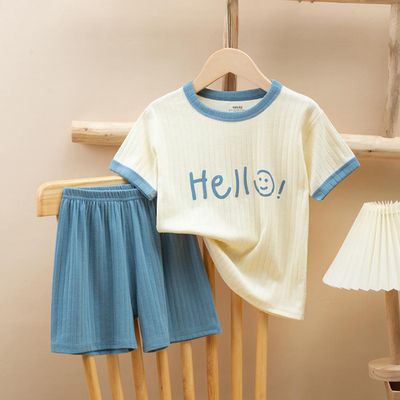 棉質涼爽透氣家居服套裝/空調服-HELLO-藍