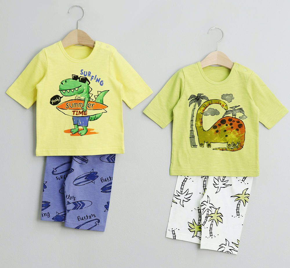 韓國 Mellisse - 韓製莫代爾涼感7分袖家居服-衝浪恐龍