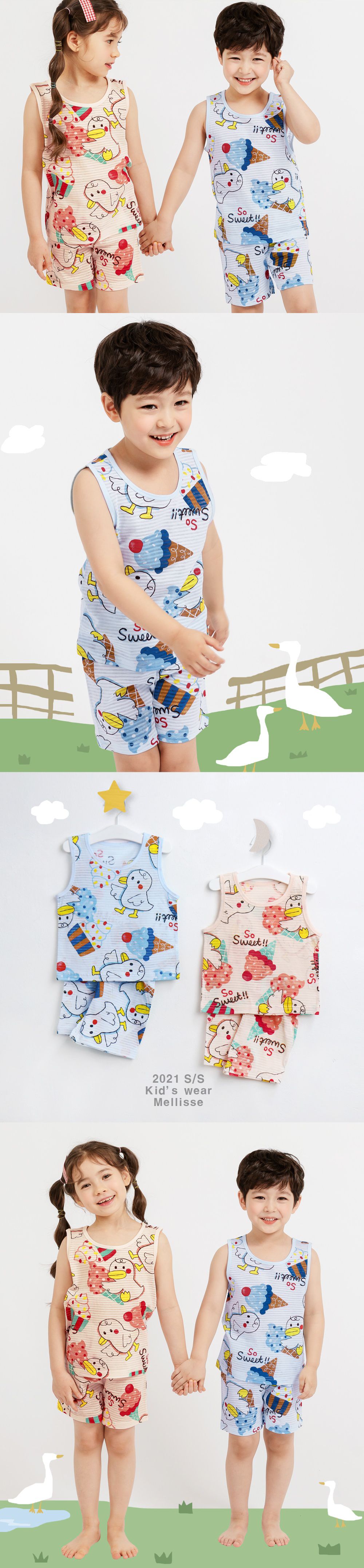 韓國 Mellisse - 韓製輕薄透氣無袖家居服(無螢光棉)-鴨鴨愛吃冰淇淋-藍