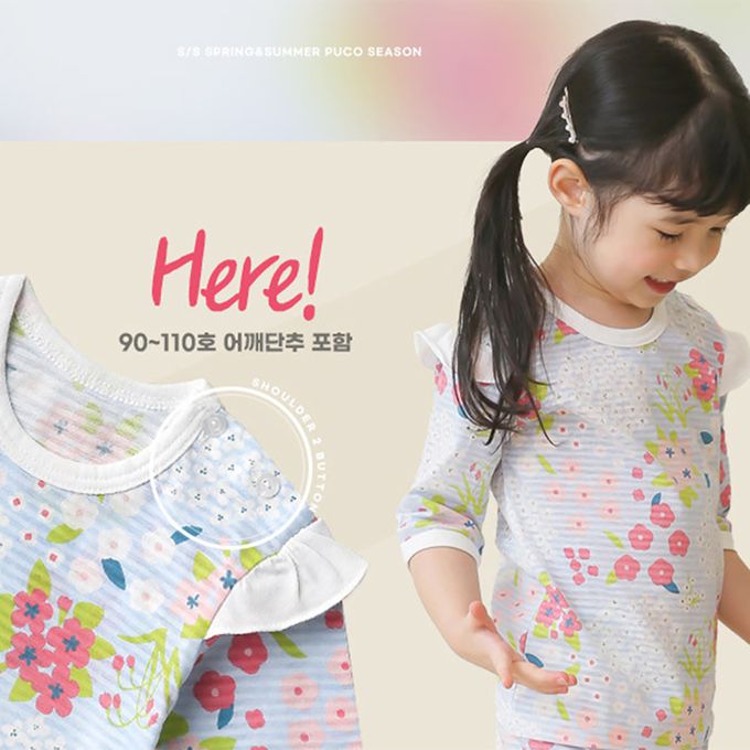 正韓 Puco - 超優質嬰幼兒/兒童七分袖100% 有機純棉家居服/睡衣-百花盛開