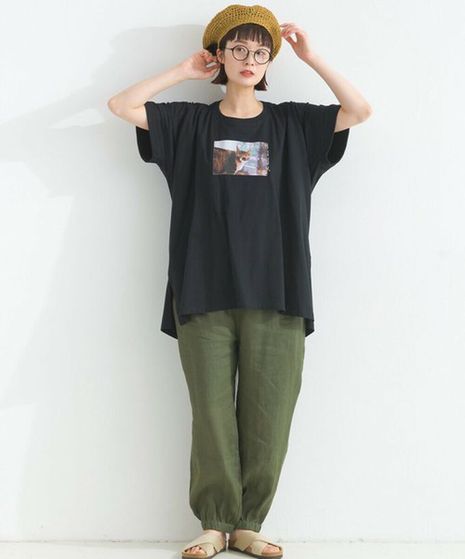 日本 Lupilien - 療癒休閒感落肩長版T恤-貓咪照片-白