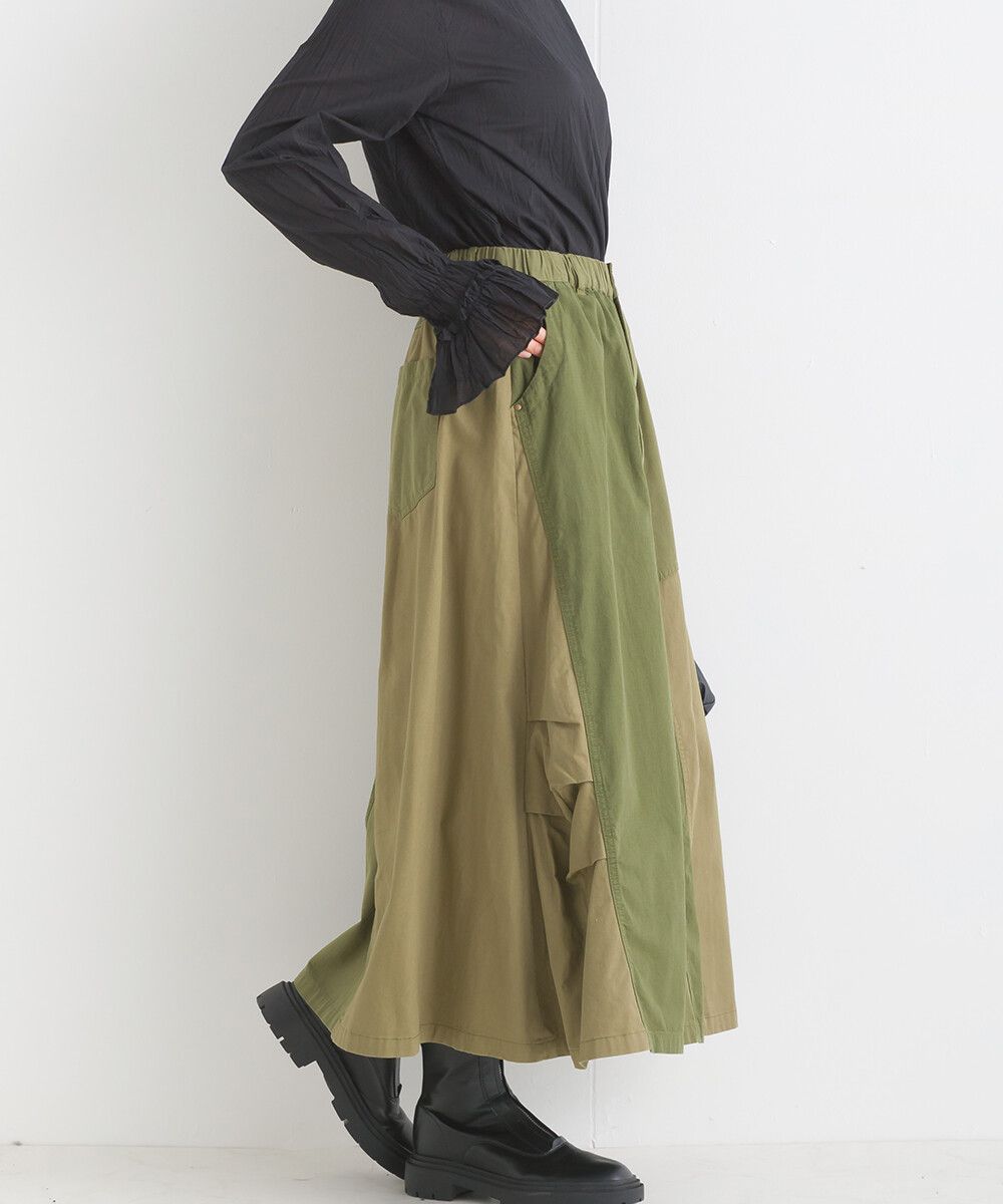 日本女裝代購 - 休閒風口袋拼接百搭長裙-軍綠
