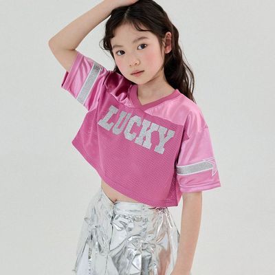 韓國 FORK CHIPS - 光澤感網眼洞洞運動風上衣-桃粉
