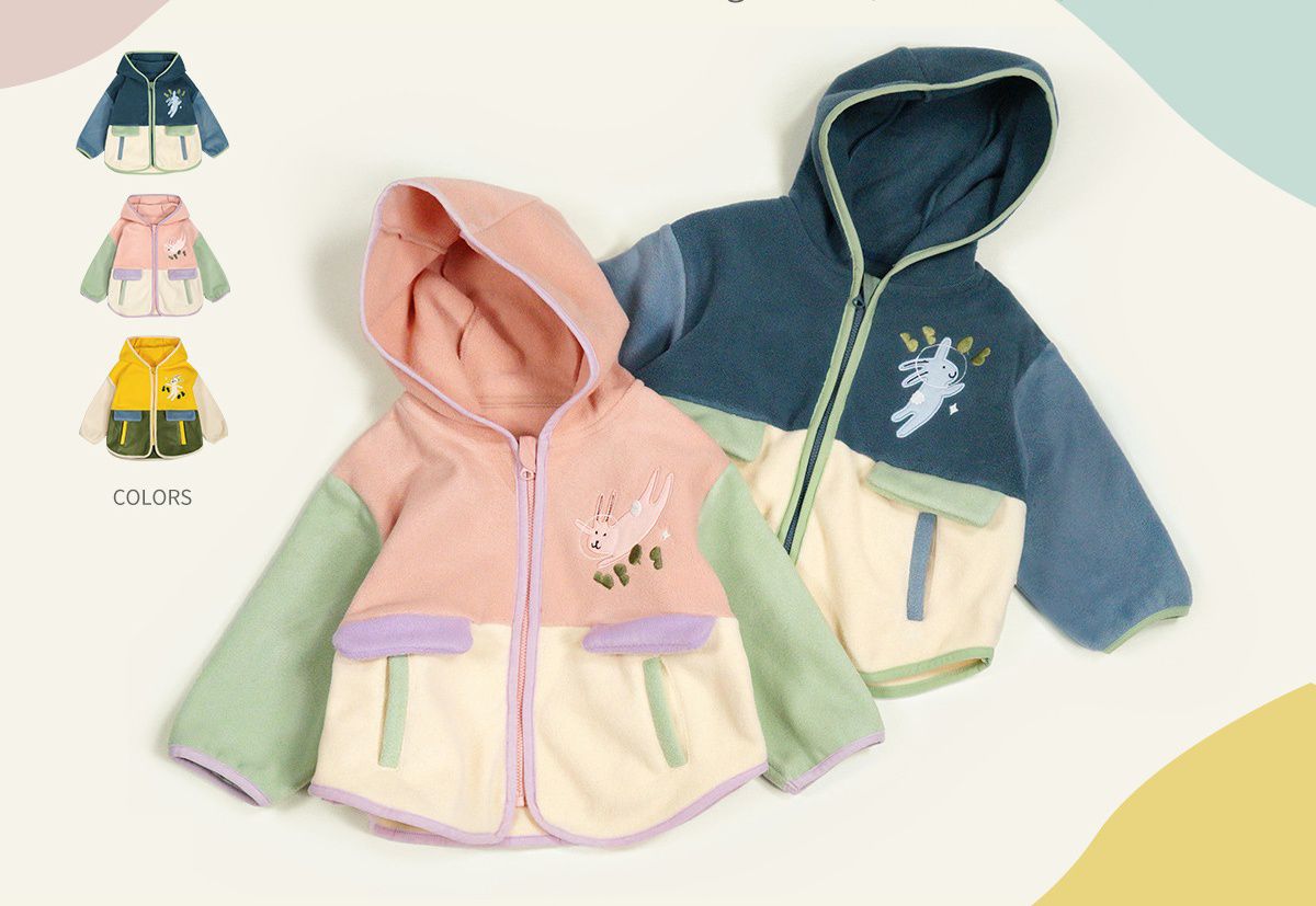 Minizone - 搖粒絨連帽拼色長袖外套-太空兔兔-黃+綠