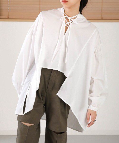 日本 Bab - 前短後長設計感綁帶上衣-簡約白