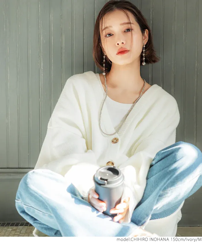 日本 COCA - V領柔軟落肩針織外套-湖水綠