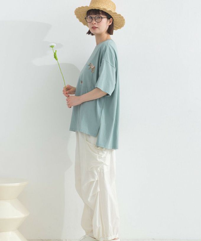 日本 Lupilien - 16OE天竺棉 俏皮刺繡五分袖上衣-小浣熊-薄荷