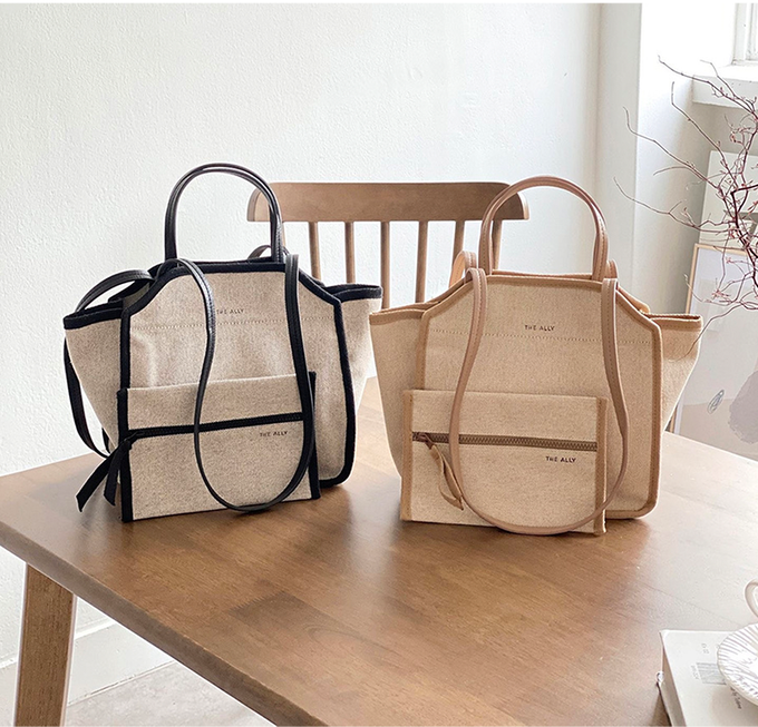 韓國 THEALLY - (附小袋)質挺帆布方包手提/肩背包-焦糖咖 (中)