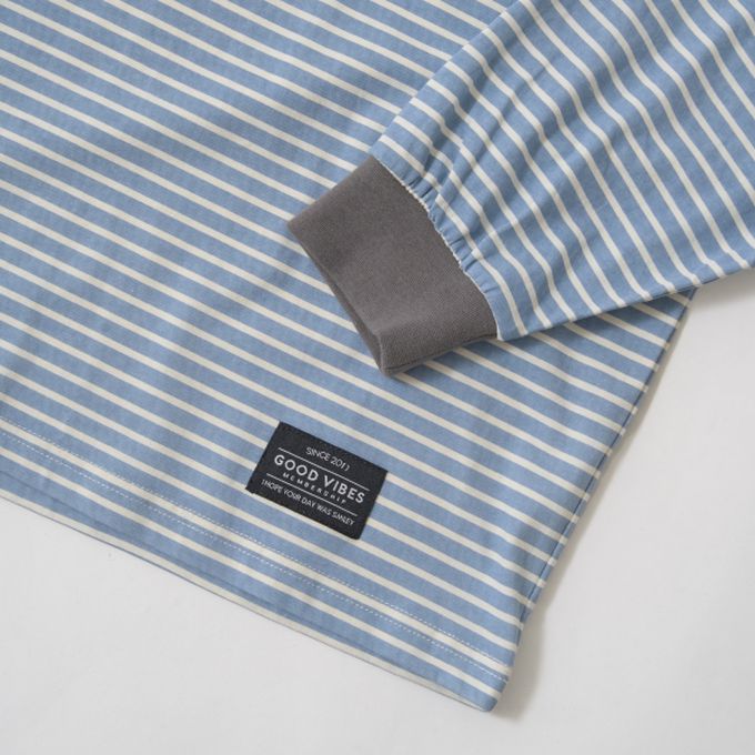 日本 b-ROOM - 不易變形定番條紋長袖上衣-卡其x深藍