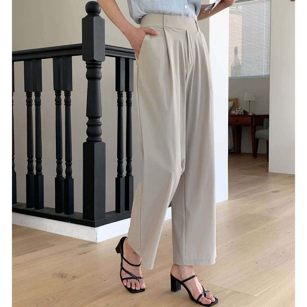 VETICA 韓製顯瘦小腹收收抓褶西裝寬褲-夏季ver.-白灰杏