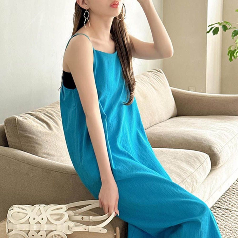 度假風細肩帶傘狀長洋裝-寶石藍 (F)