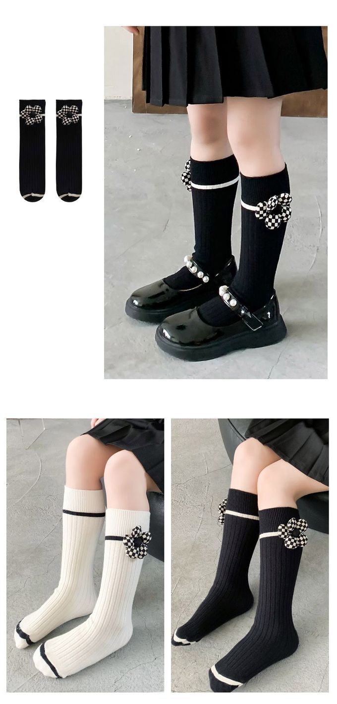 JB clothes - 兒童襪子ML22-539格子小花-黑色