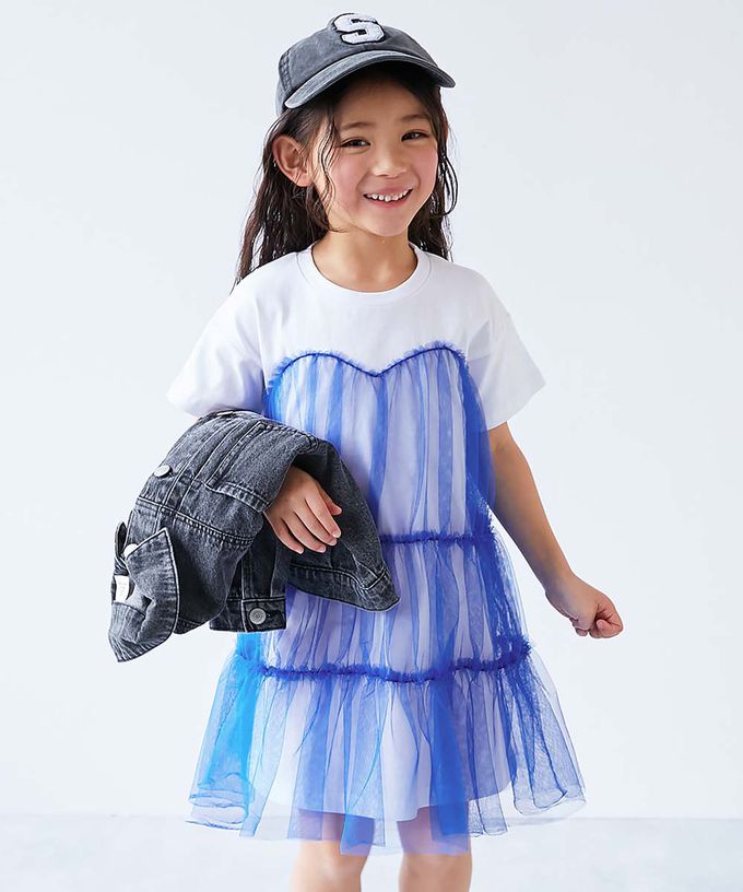 日本 devirock - 柔軟薄紗拼接甜美短袖洋裝-藍