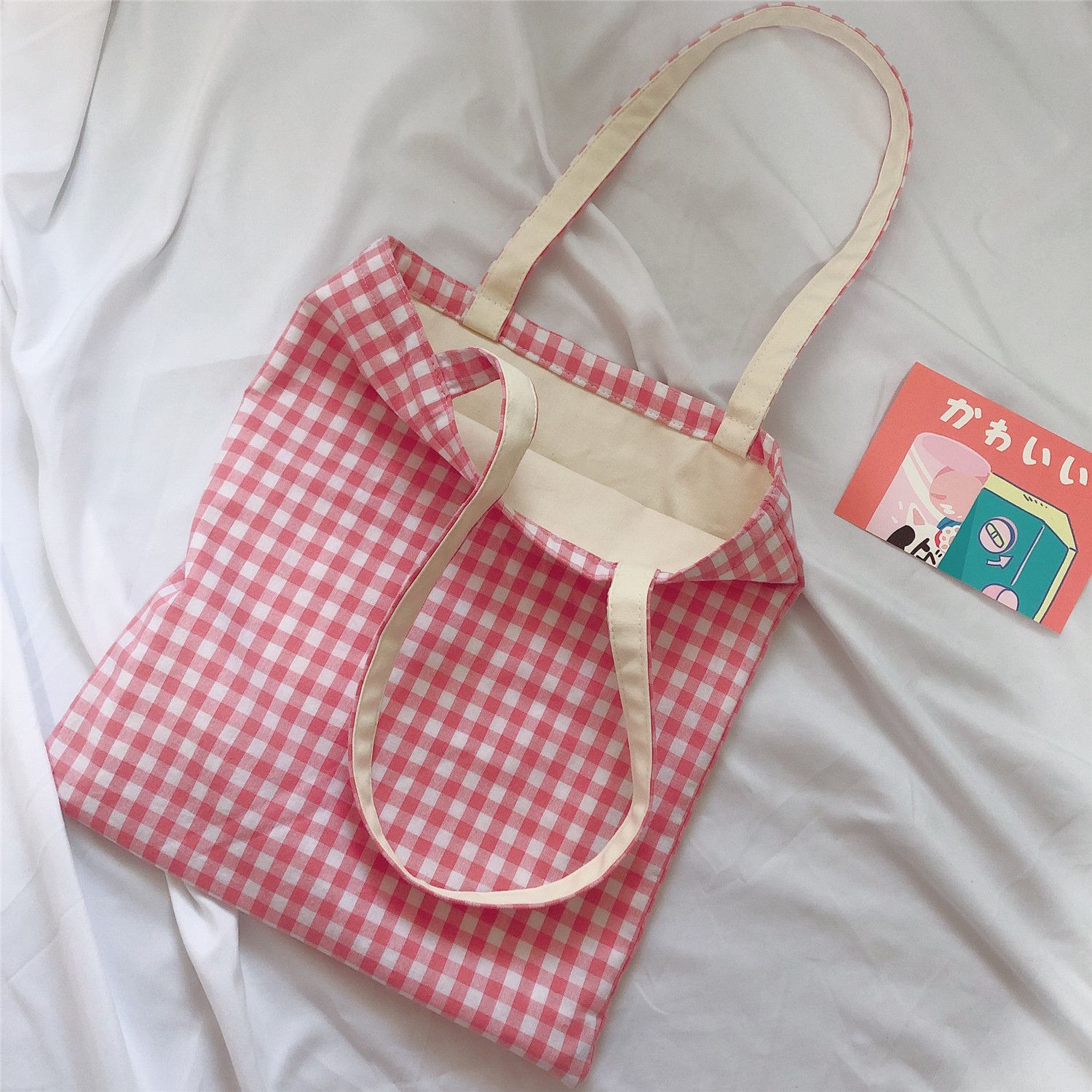 休閒格子單肩手提帆布袋-粉紅色 (37*35cm)