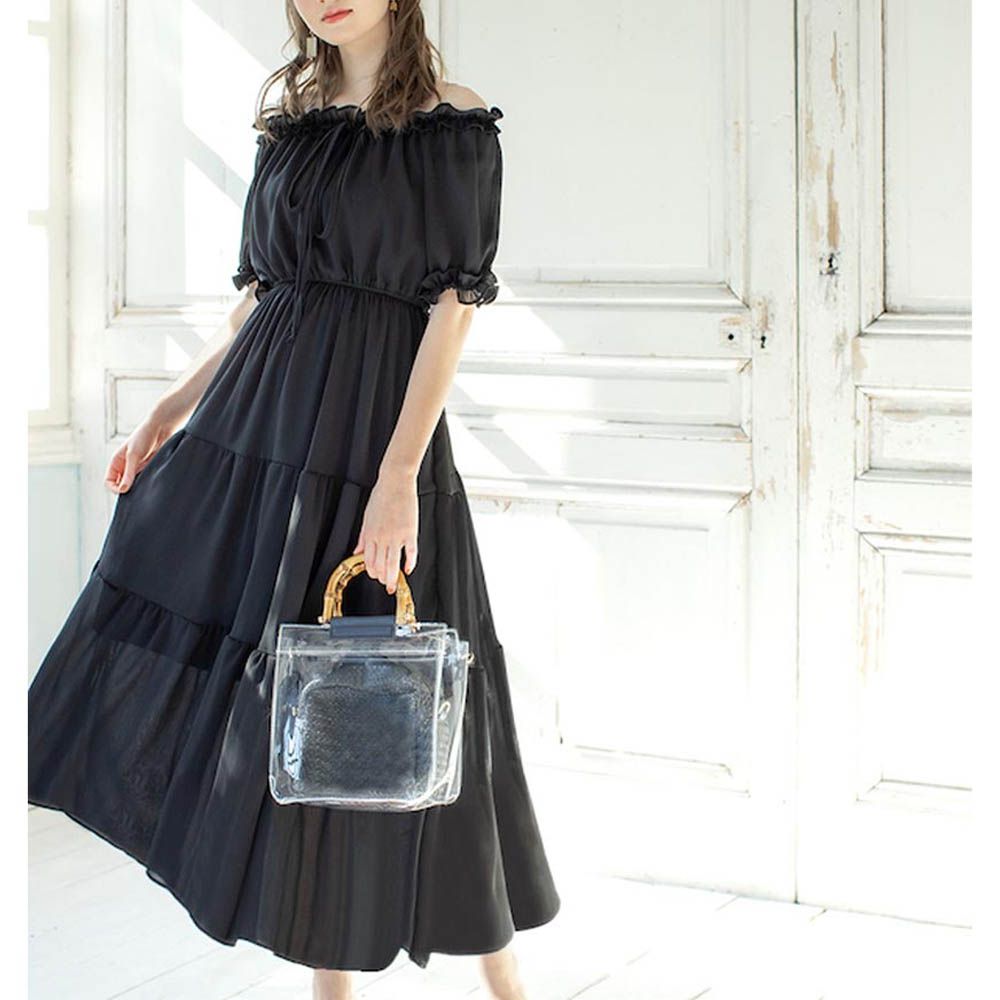 浪漫滾邊收腰分層飄逸短袖洋裝-簡約黑 (F)