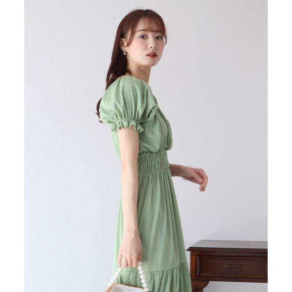 日本 BLUE EAST - 甜美氣質泡泡袖收腰洋裝-薄荷綠
