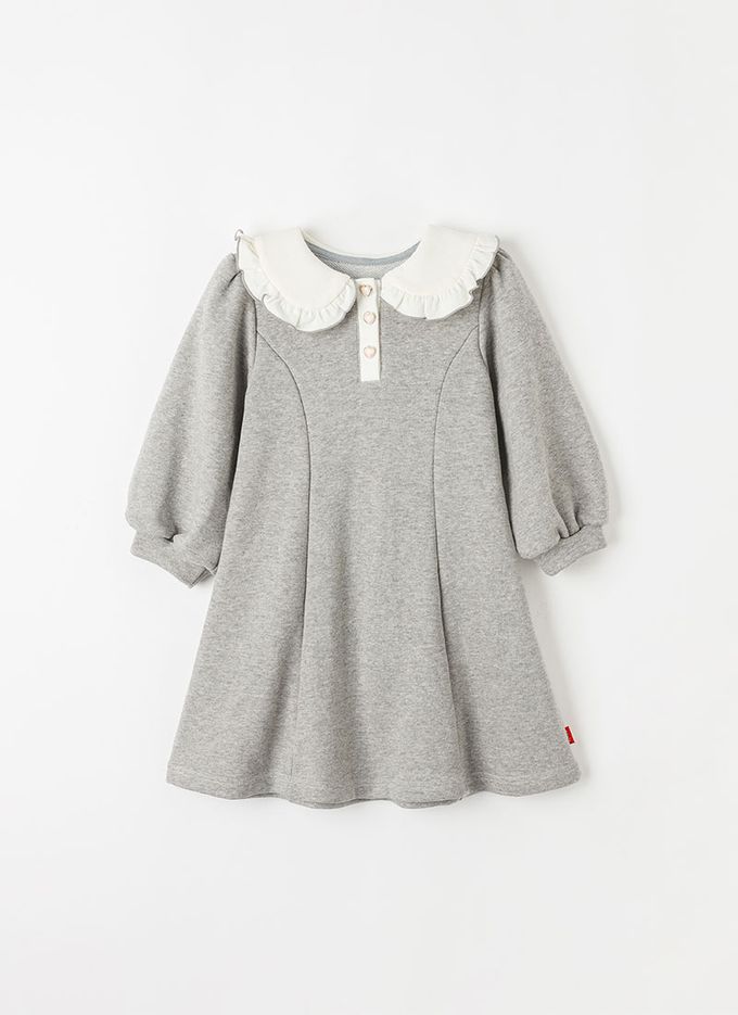 韓國 OZKIZ - 愛心鈕扣荷葉領A字裙洋裝-灰