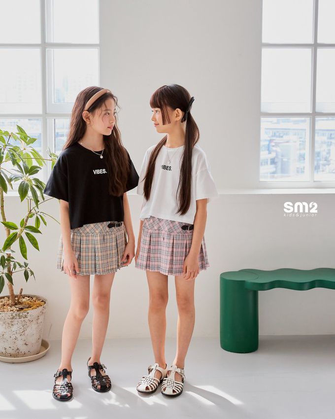 韓國 sm2 - 學院格紋扣帶裝飾百褶裙-粉