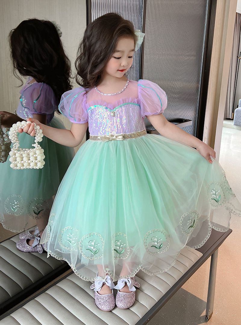 公主風亮晶晶短袖連身裙-美人魚配色-果綠+紫