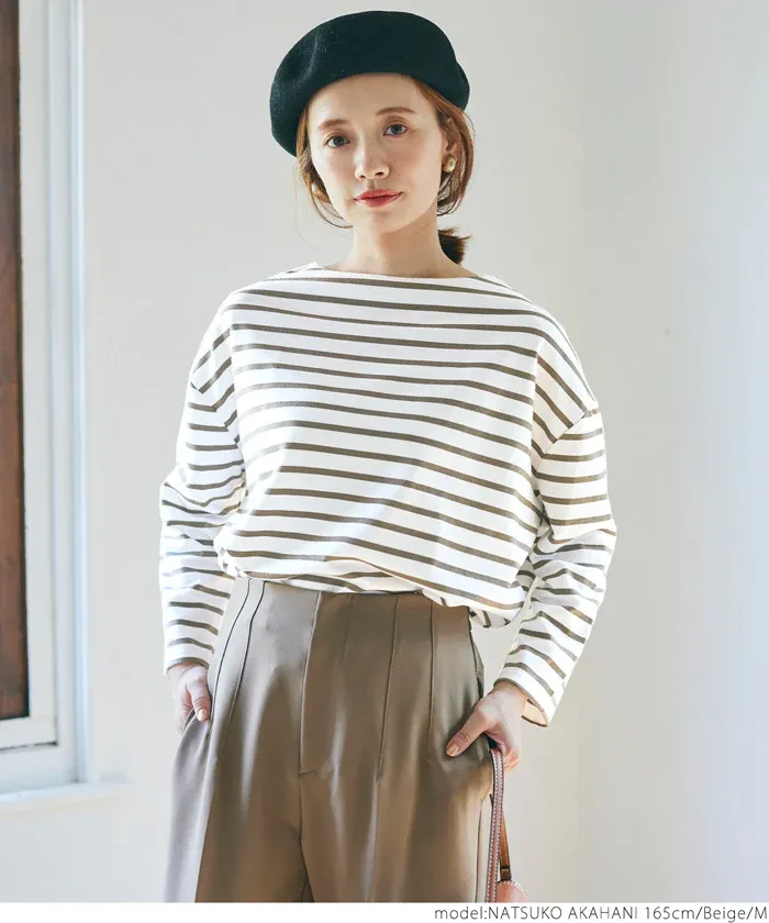 日本 COCA - [熱銷推薦] 百搭船領薄長袖上衣-條紋-灰x白
