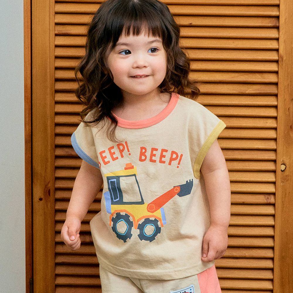 First Blue 工程車圖案純棉無袖上衣-鏟裝機-卡其杏