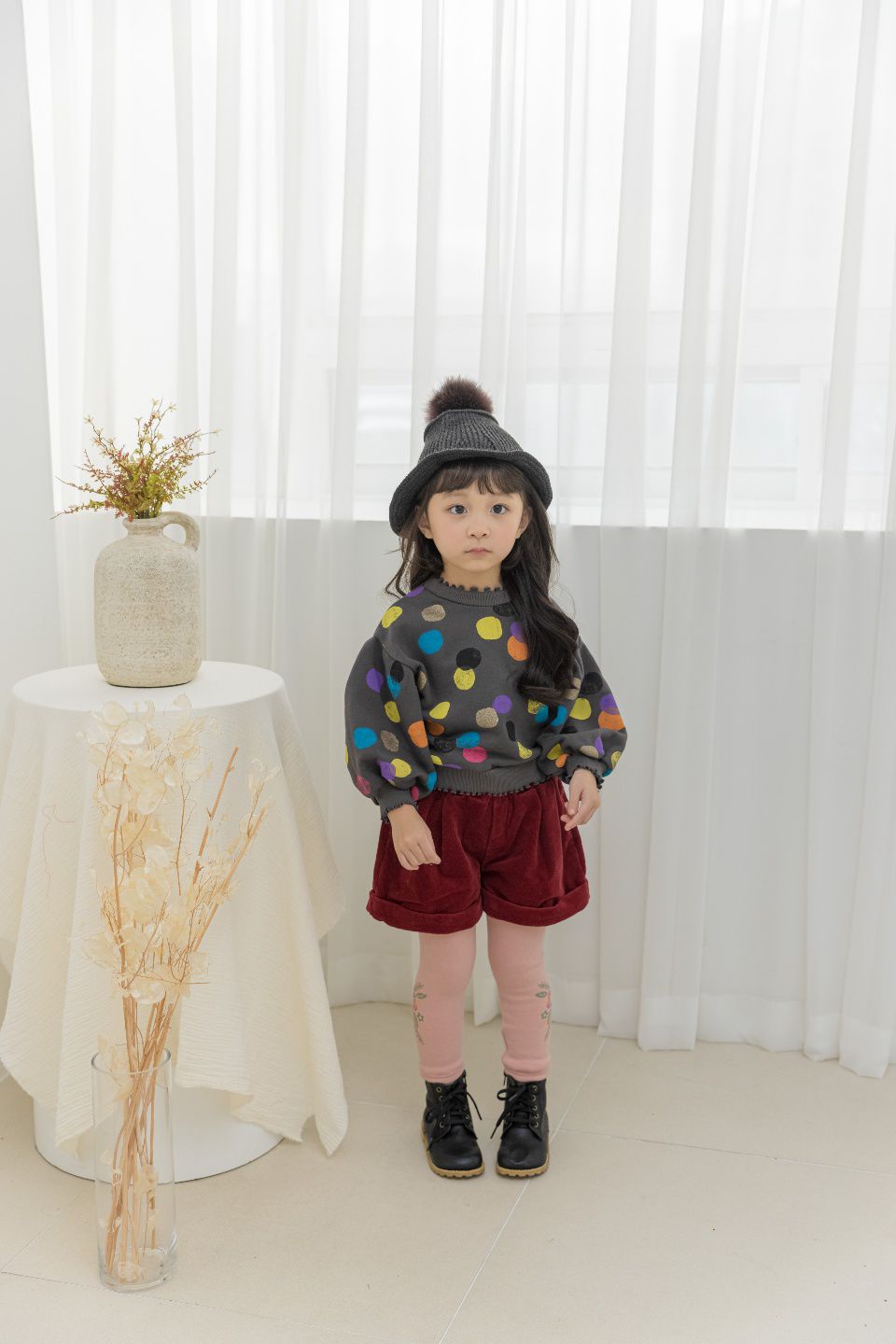 韓國 Orange Mom - 彩色波點卷邊泡泡袖T-深灰