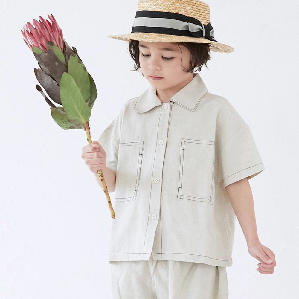 日本 riziere - 純棉復古撞色線條短袖襯衫-自然米
