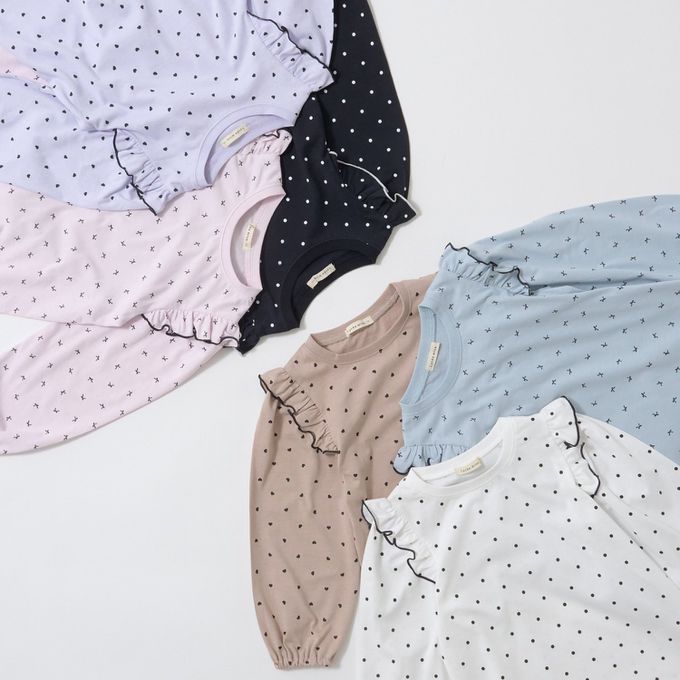 日本 Lycee mine - 100%棉 浪漫荷葉肩滿版印花長袖上衣-愛心-淺棕