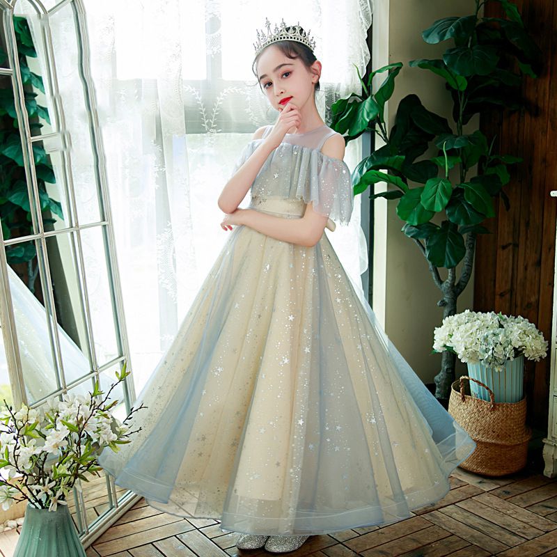 削肩式網紗亮片禮服-白色