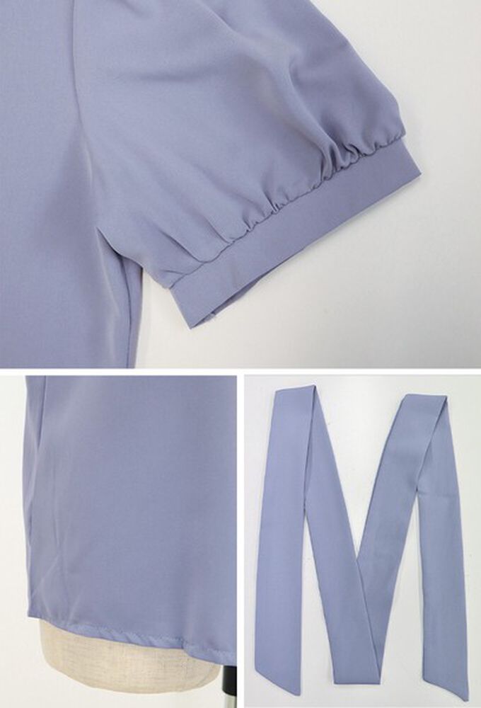 日本 BLUE EAST - 氣質蝴蝶結雪紡小澎袖襯衫-線條-米白