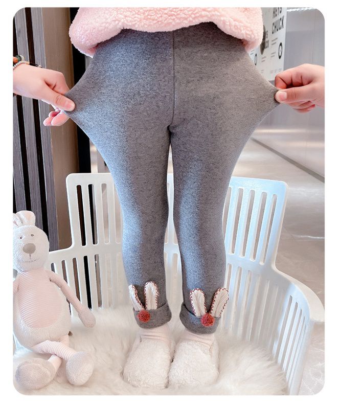 加絨彈力內搭長褲-兔兔耳朵-黑色