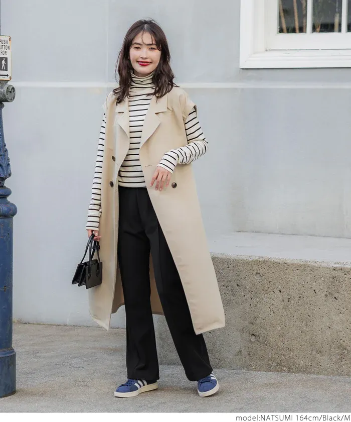 日本 COCA - 裏起毛摺線美腿微喇叭褲-黑