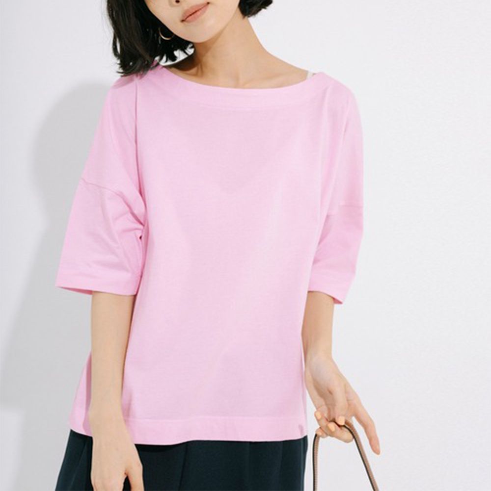 100%棉 寬版船領五分袖上衣-粉紅