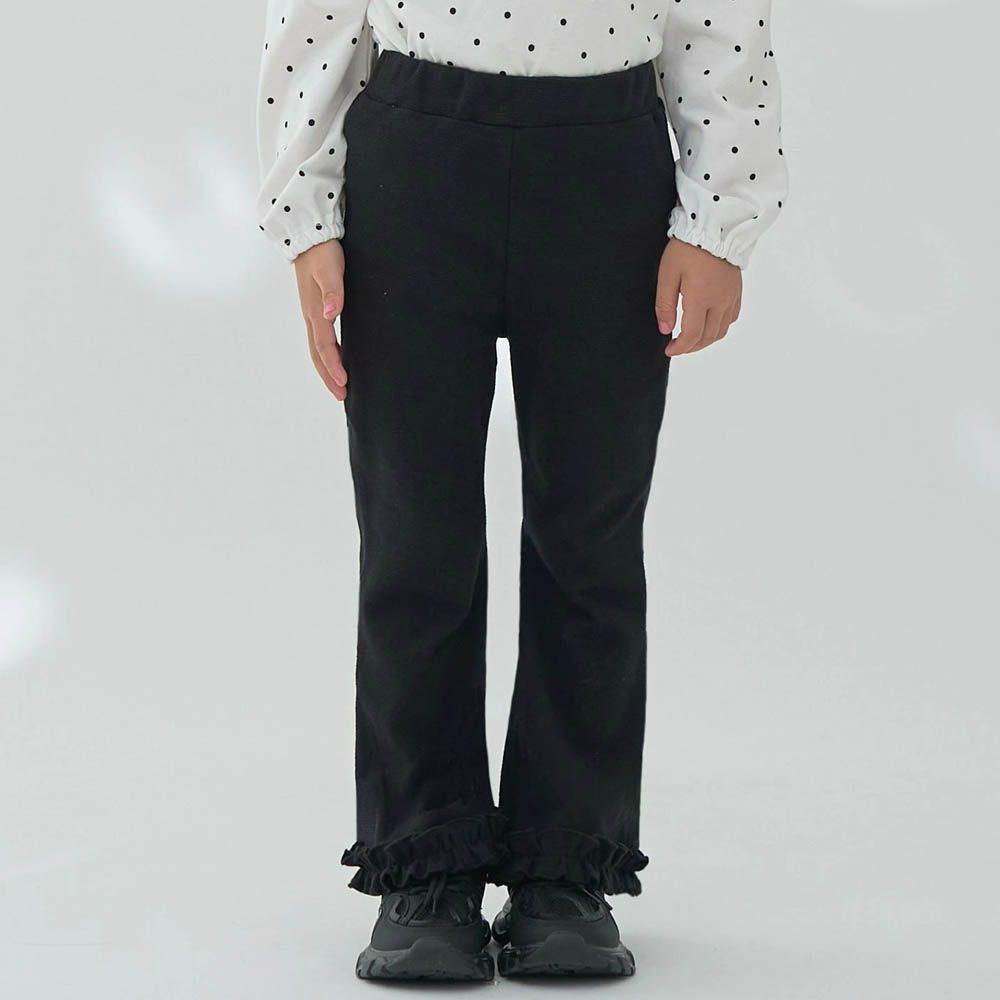 彈力荷葉邊微喇叭長褲-黑