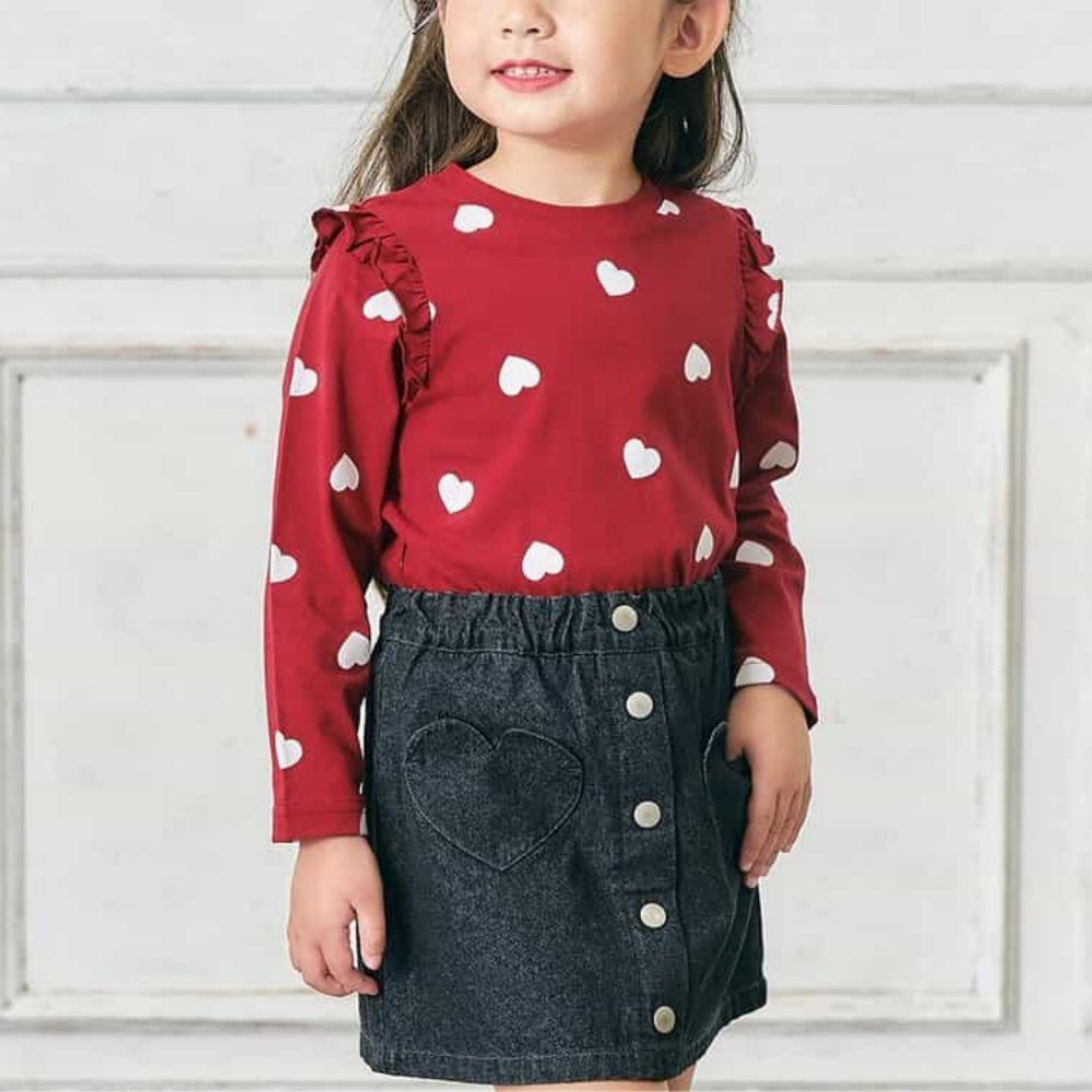 天天穿荷葉肩印花長袖上衣-滿版愛心-紅