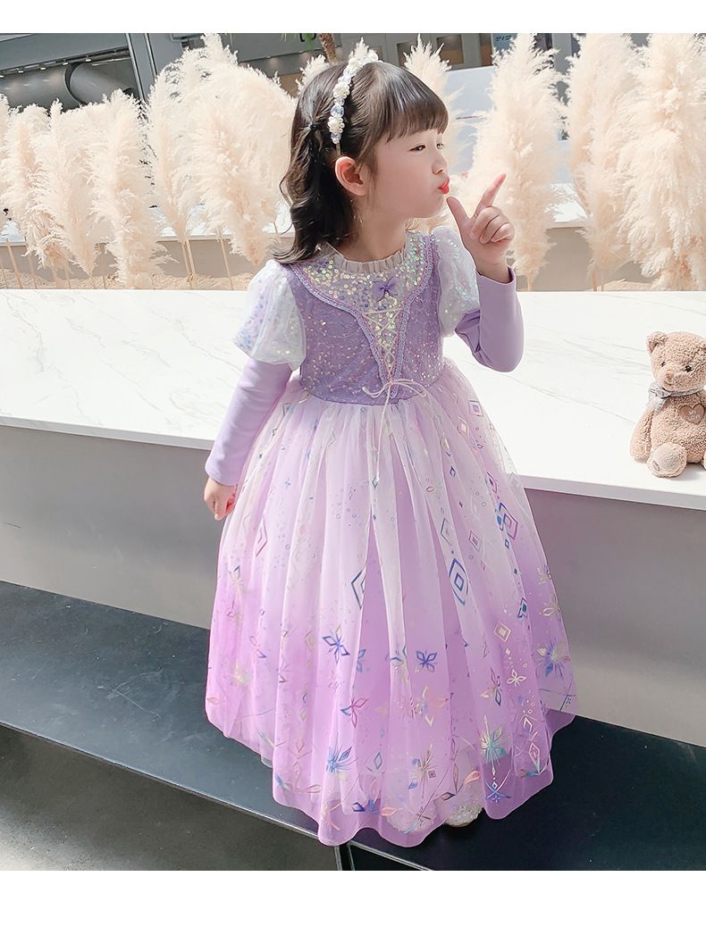 (不含披風)雪花亮片公主袖網紗洋裝-紫色