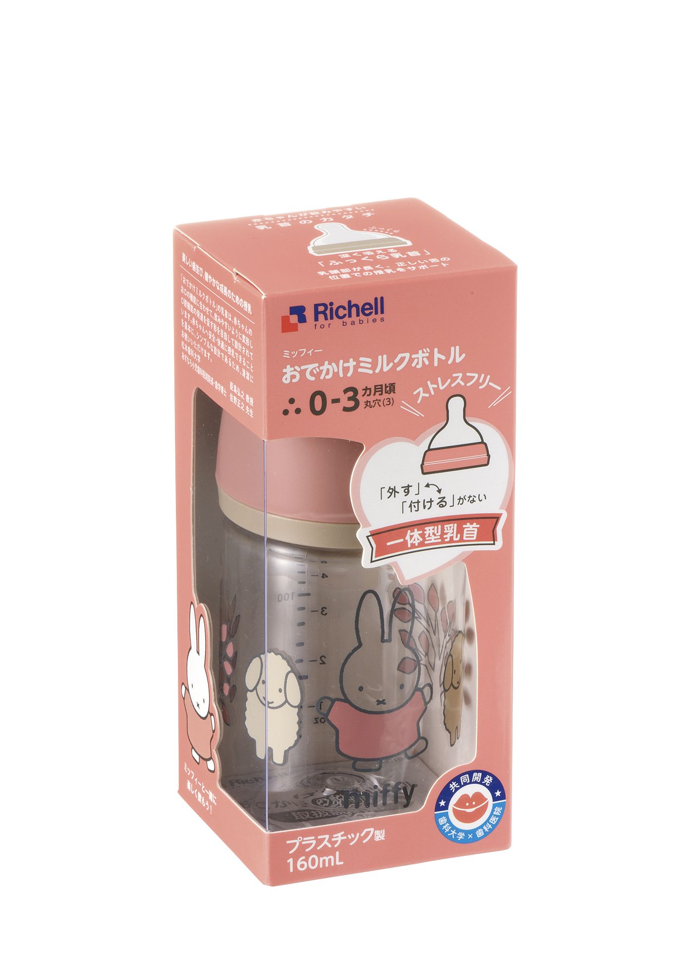 日本 Richell 利其爾 - Miffy米飛寬口奶瓶-Tritan材質 (附0-3M奶嘴)-160ml