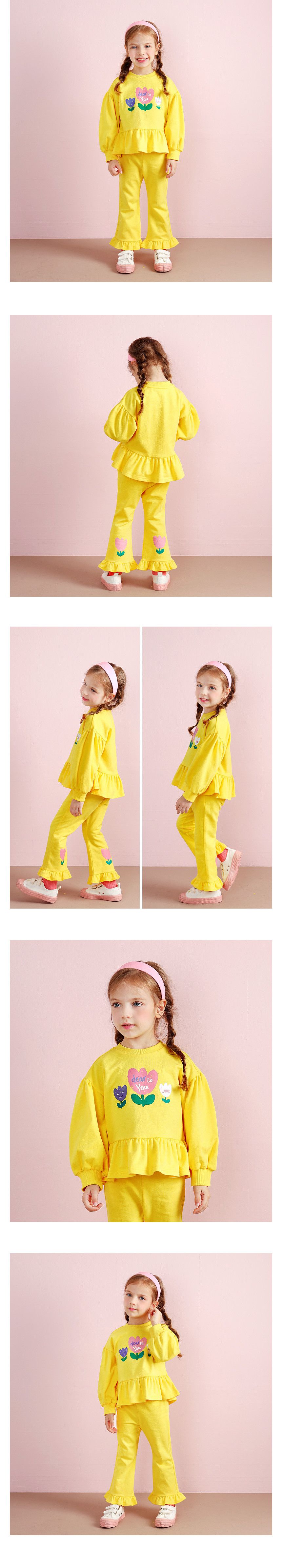 韓國 WALTON kids - 鬱金香荷葉拼接長袖套裝-黃