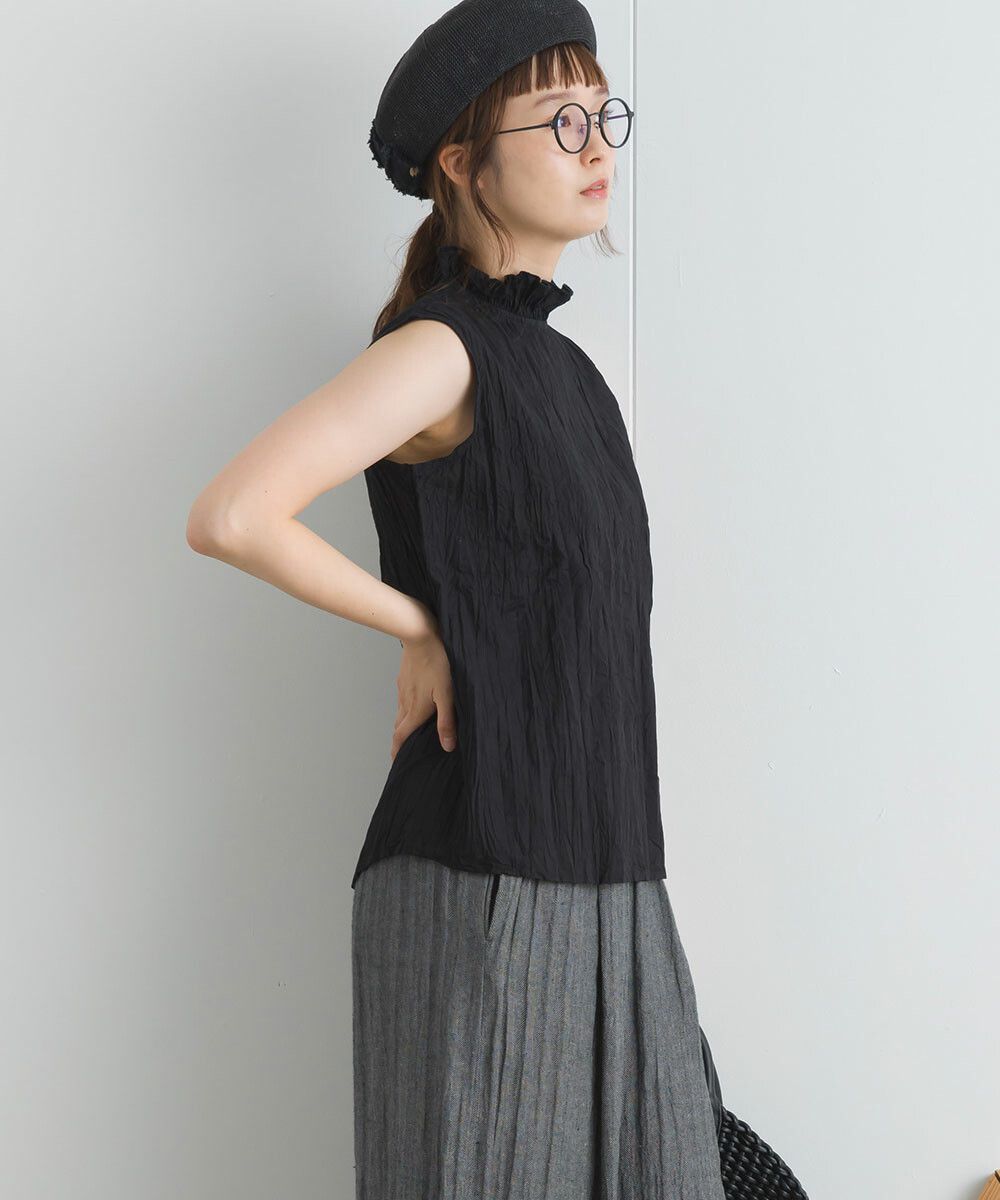 日本女裝代購 - 木耳領楊柳感無袖上衣-直條紋-深灰藍