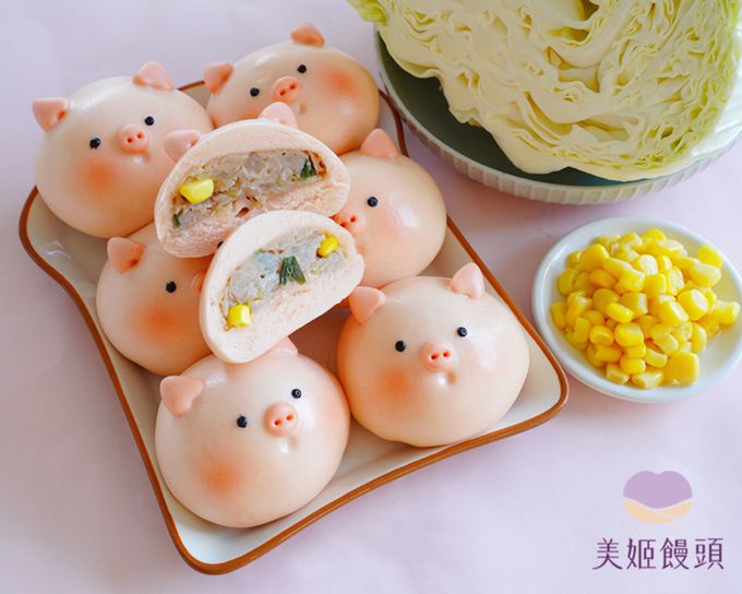 美姬饅頭 - 玉米高麗菜粉紅豬豬肉包-50g*6顆